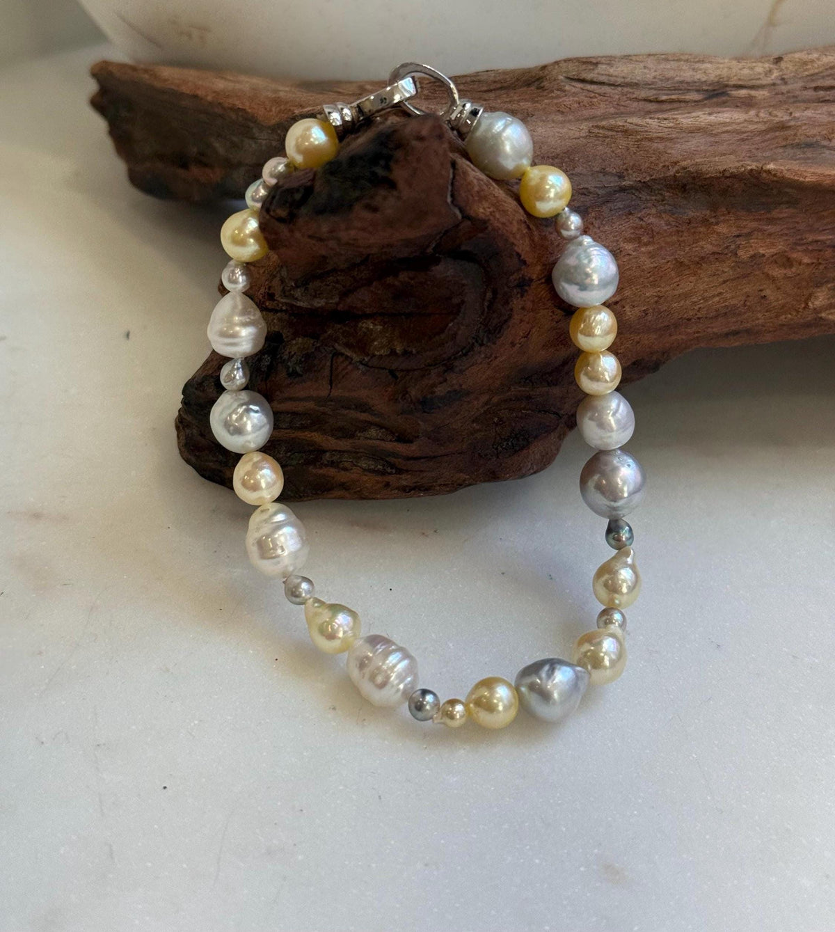 Elly’s Multicolor Ocean Pearls Bracelet: Extreme luster, Australian White Akoya ocean Pearls, 3.5-8.6, 8.3”, S925 silver bracelet.