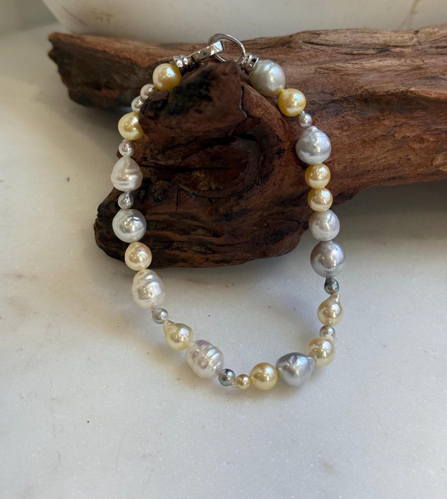 Elly’s Multicolor Ocean Pearls Bracelet: Extreme luster, Australian White Akoya ocean Pearls, 3.5-8.6, 8.3”, S925 silver bracelet.