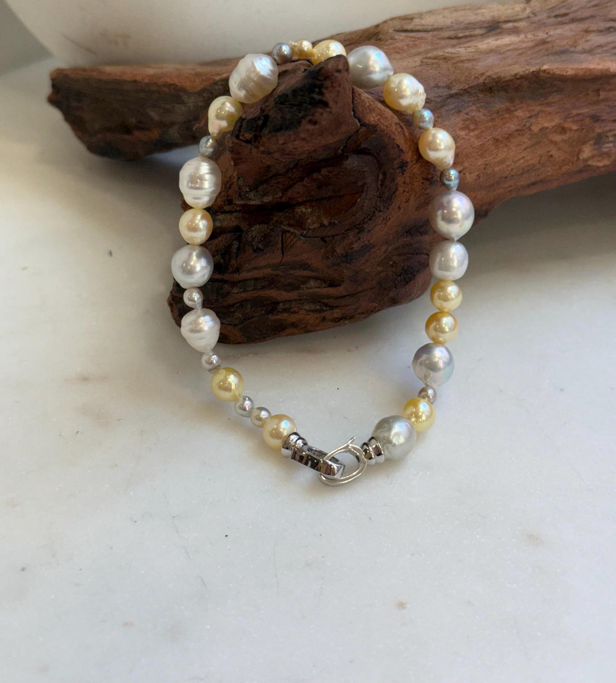 Elly’s Multicolor Ocean Pearls Bracelet: Extreme luster, Australian White Akoya ocean Pearls, 3.5-8.6, 8.3”, S925 silver bracelet.