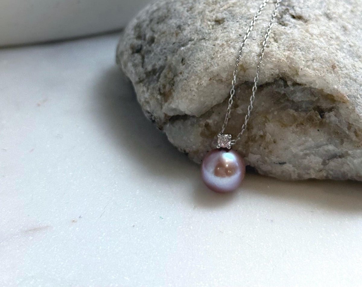 Elly’s 10.3mm Edison Rose Mauve Pearl Pendant: Extreme luster, 1.4cm high, s925 silver minimalist pendant necklace set.