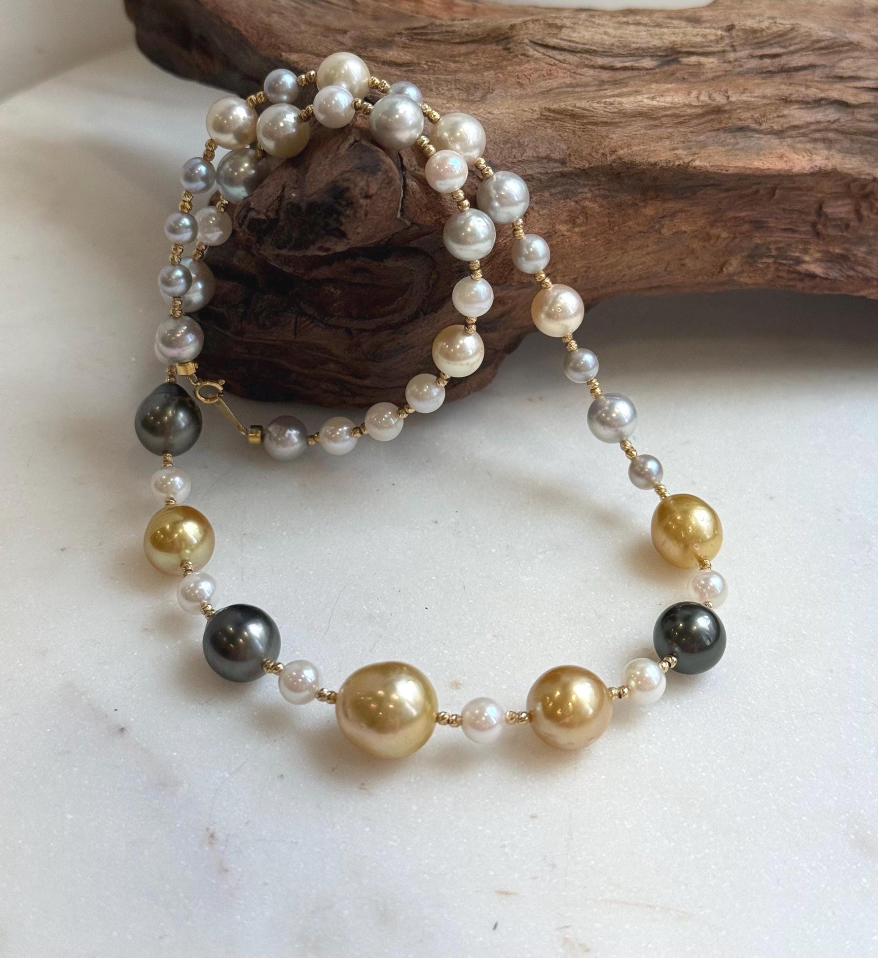 Elly’s Au750 18K gold 43pcs Multicolor ocean pearls necklace choker: Extreme luster mirrored, 17.6”, 18k gold necklace strand.