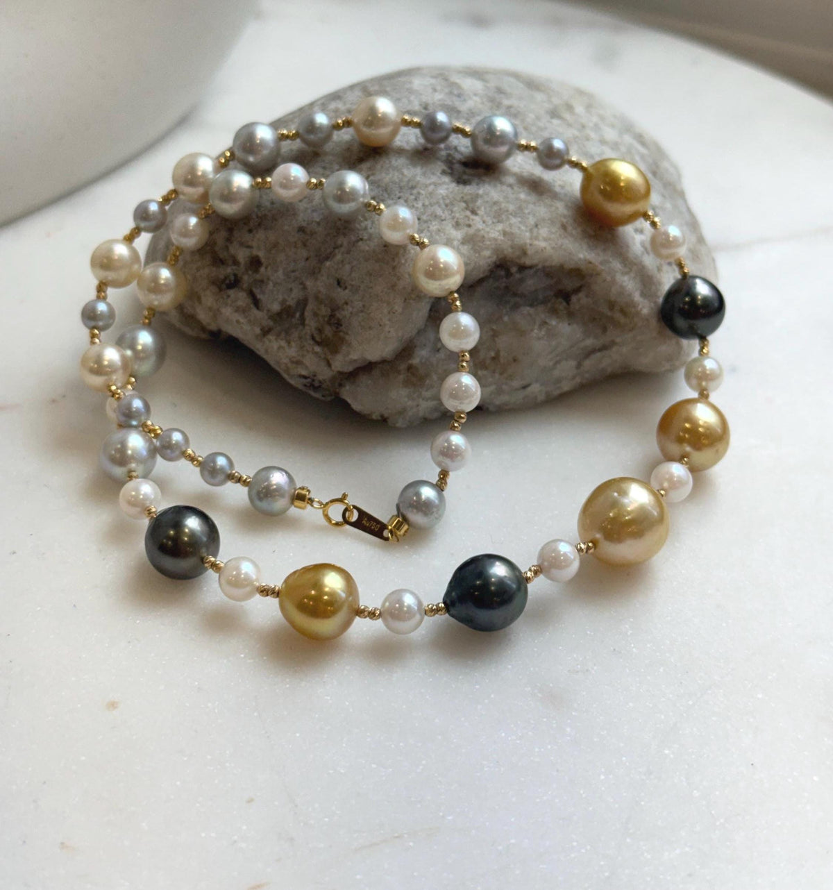 Elly’s Au750 18K gold 43pcs Multicolor ocean pearls necklace choker: Extreme luster mirrored, 17.6”, 18k gold necklace strand.