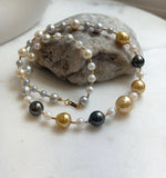 Elly’s Au750 18K gold 43pcs Multicolor ocean pearls necklace choker: Extreme luster mirrored, 17.6”, 18k gold necklace strand.