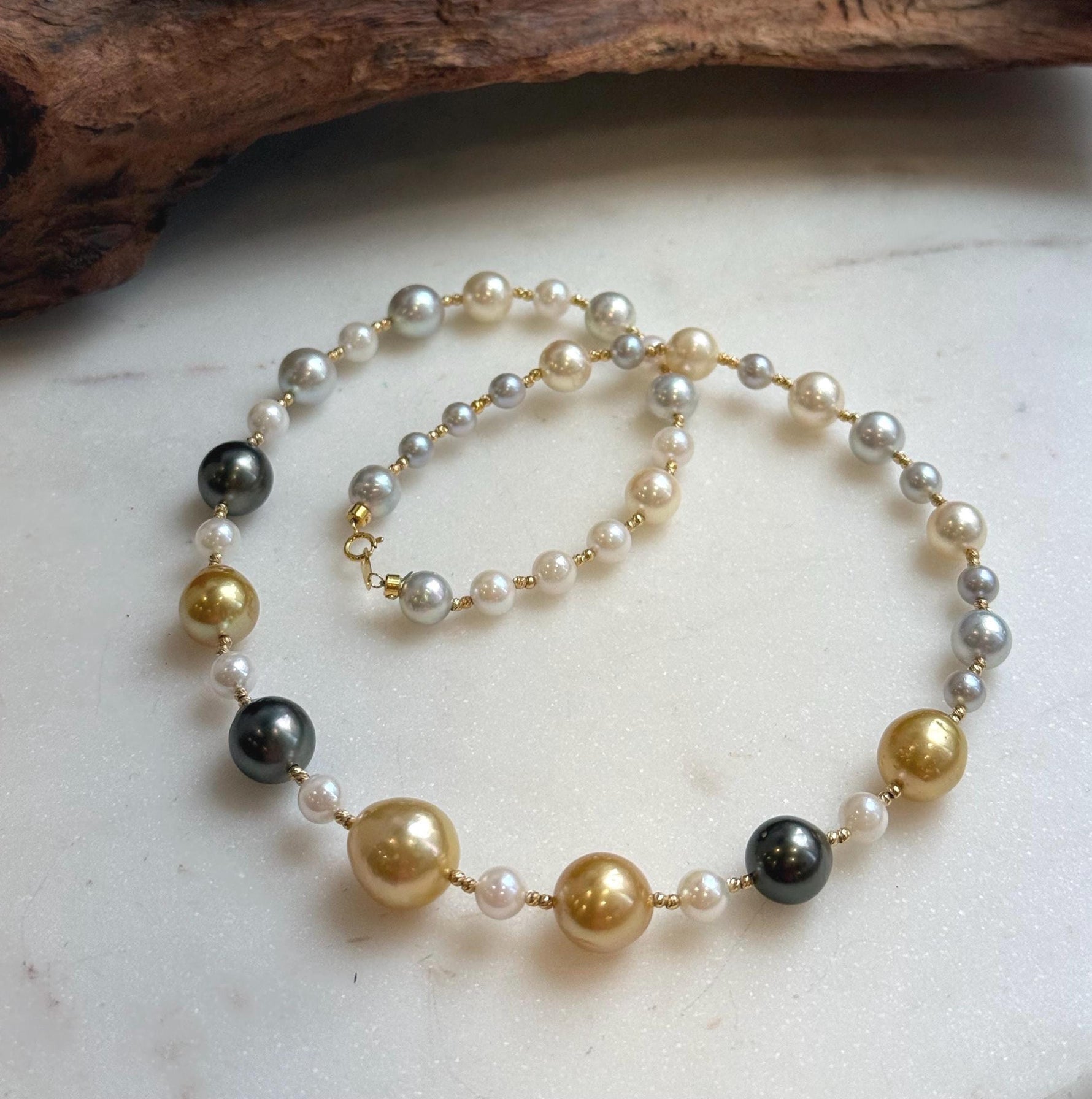 Elly’s Au750 18K gold 43pcs Multicolor ocean pearls necklace choker: Extreme luster mirrored, 17.6”, 18k gold necklace strand.