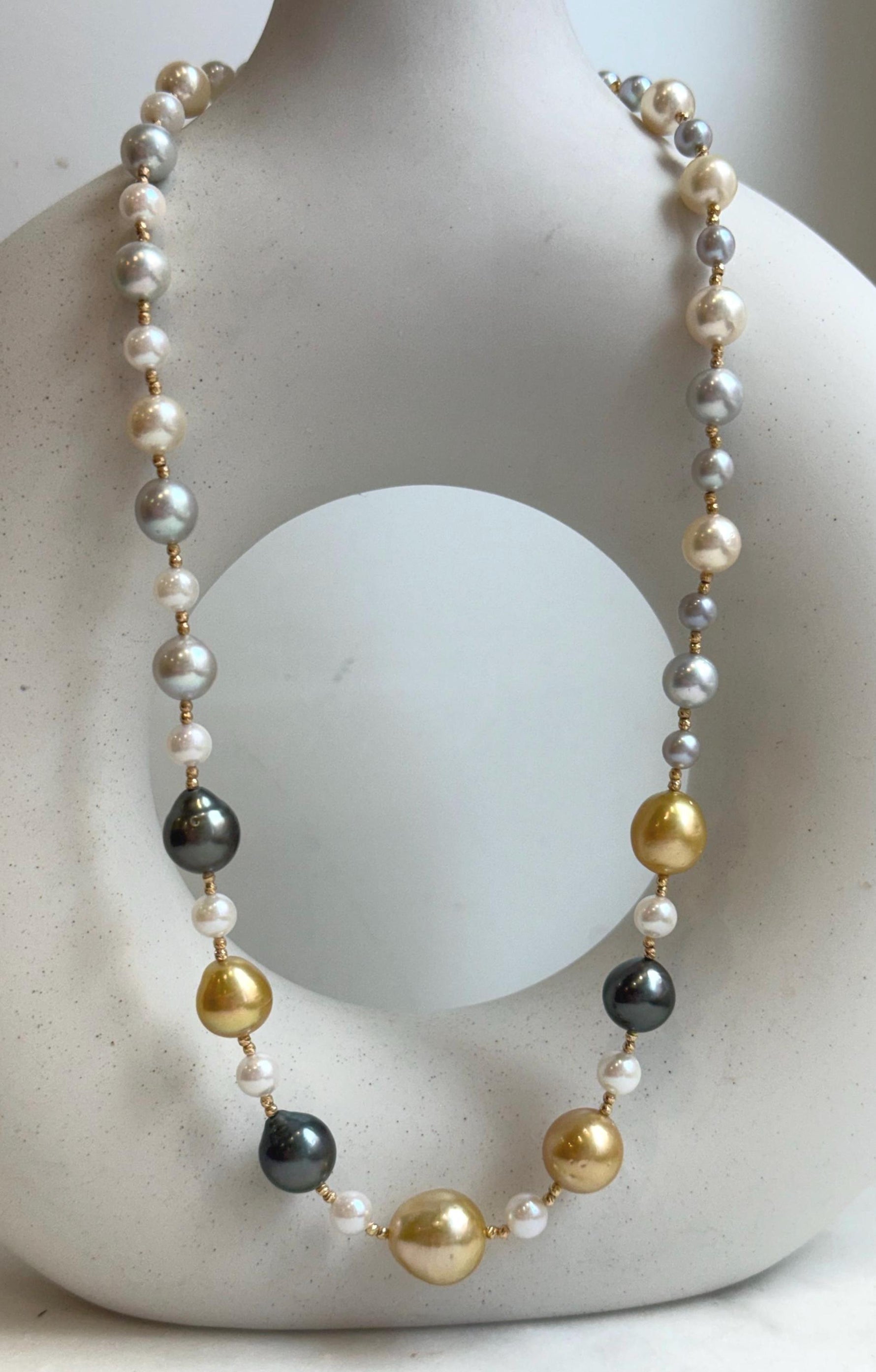 Elly’s Au750 18K gold 43pcs Multicolor ocean pearls necklace choker: Extreme luster mirrored, 17.6”, 18k gold necklace strand.
