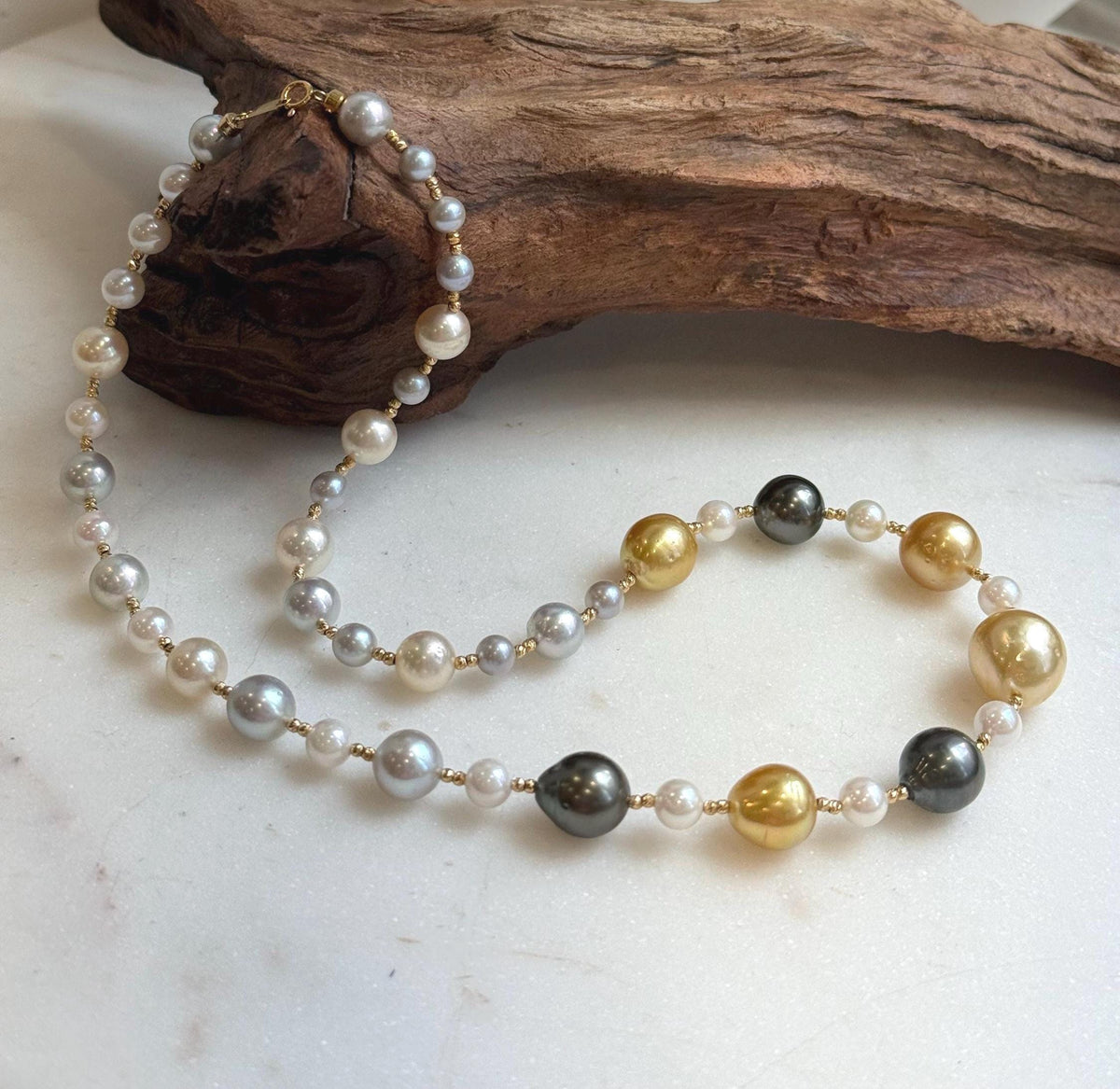 Elly’s Au750 18K gold 43pcs Multicolor ocean pearls necklace choker: Extreme luster mirrored, 17.6”, 18k gold necklace strand.
