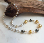 Elly’s Au750 18K gold 43pcs Multicolor ocean pearls necklace choker: Extreme luster mirrored, 17.6”, 18k gold necklace strand.