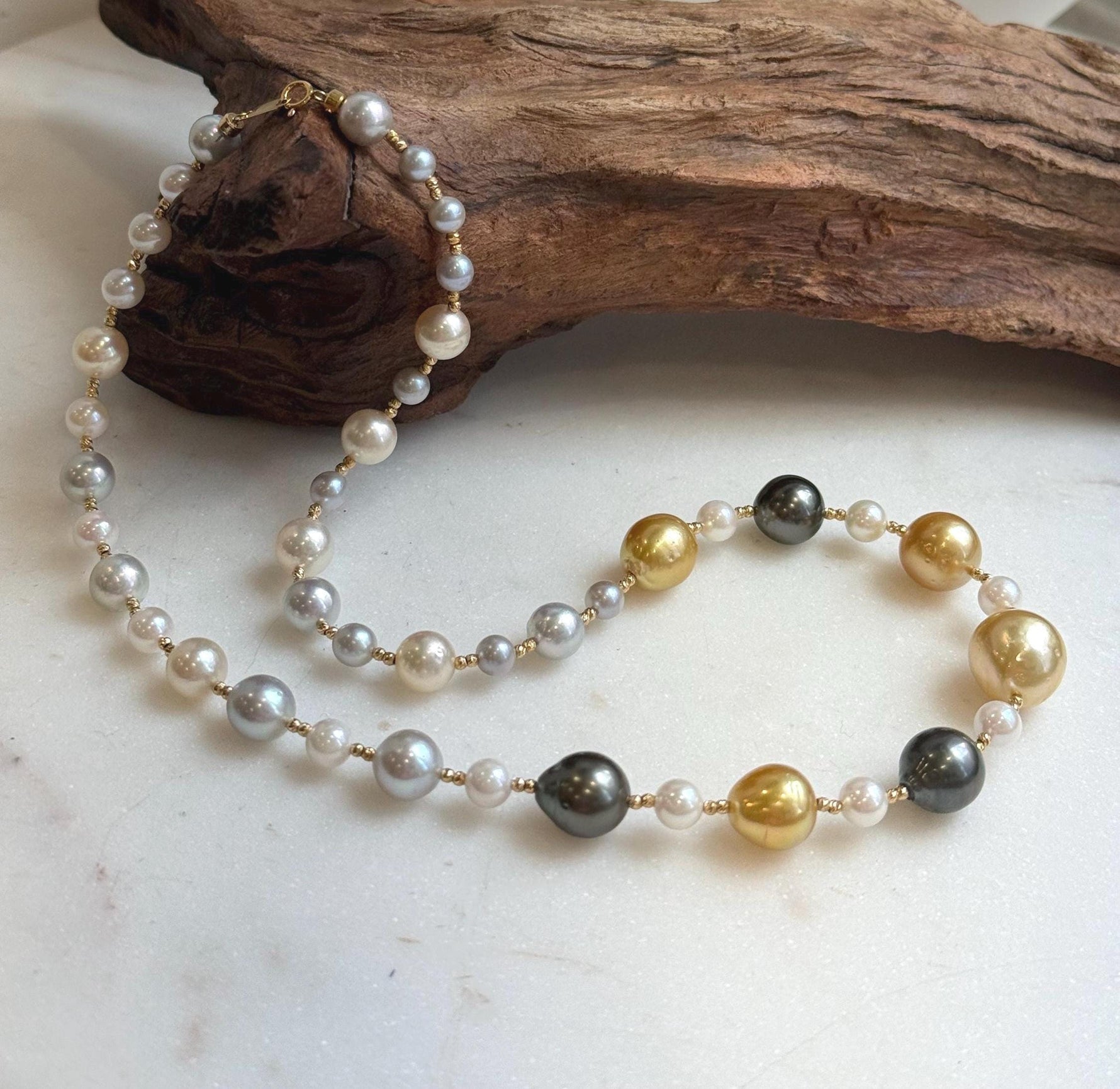 Elly’s Au750 18K gold 43pcs Multicolor ocean pearls necklace choker: Extreme luster mirrored, 17.6”, 18k gold necklace strand.
