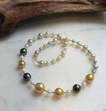 Elly’s Au750 18K gold 43pcs Multicolor ocean pearls necklace choker: Extreme luster mirrored, 17.6”, 18k gold necklace strand.