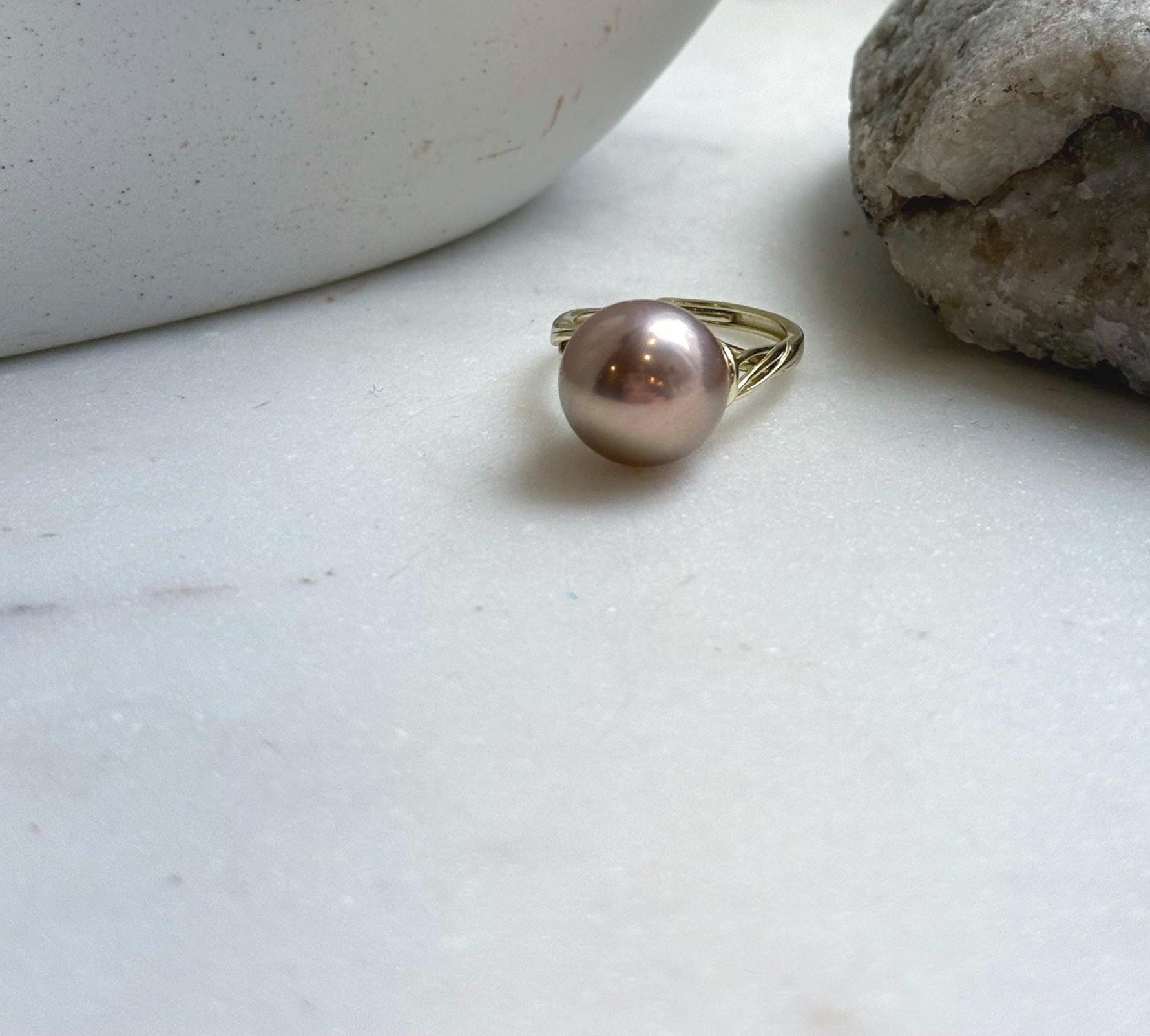 Elly’s 12.5mm Edison antique gold pearl ring: Extreme luster mirrored, S925 silver adjustable ring. daily office antique gold pearl ring for her