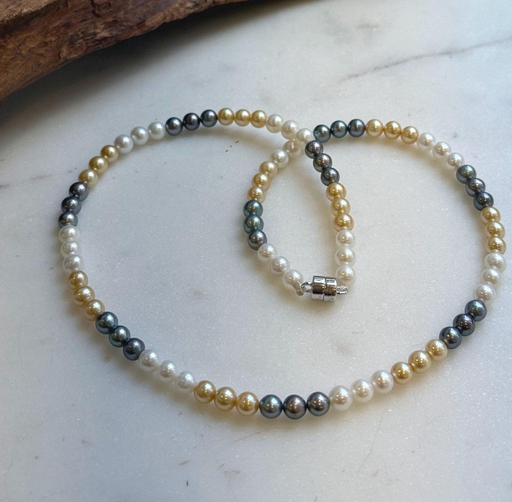 Elly’s 5.2-5.6mm  Freshwater White golden peacock pearls necklace: Extreme luster mirrored, 17.5”, s925 silver necklace strand.