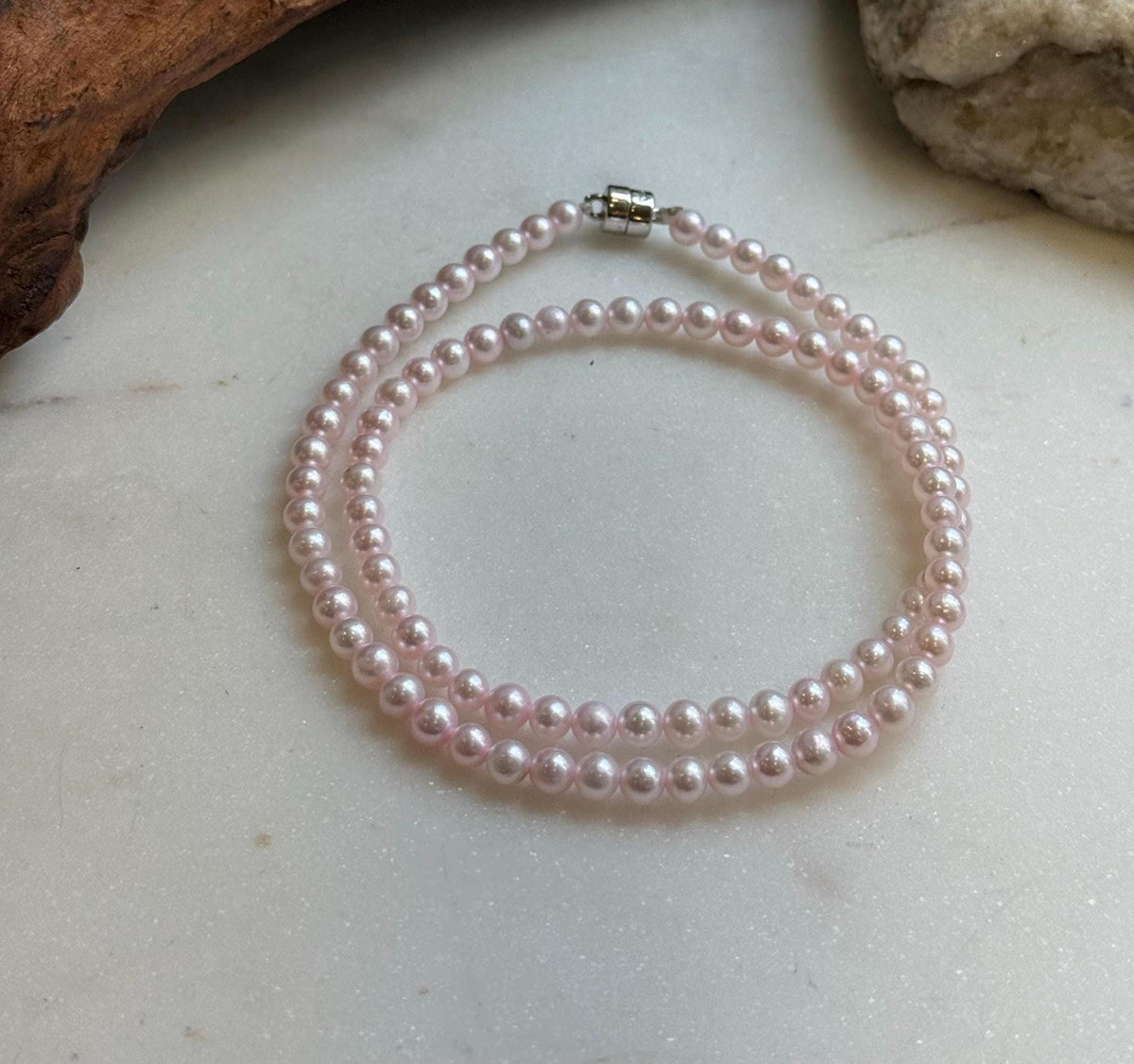 Elly’s Pale Pink Pearls Necklace Strand: Extreme luster mirrored,4.6-5mm, 17.6”, S925 silver necklace.