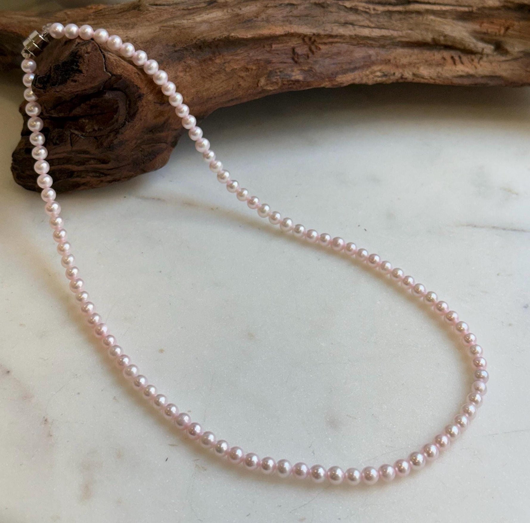 Elly’s Pale Pink Pearls Necklace Strand: Extreme luster mirrored,4.6-5mm, 17.6”, S925 silver necklace.