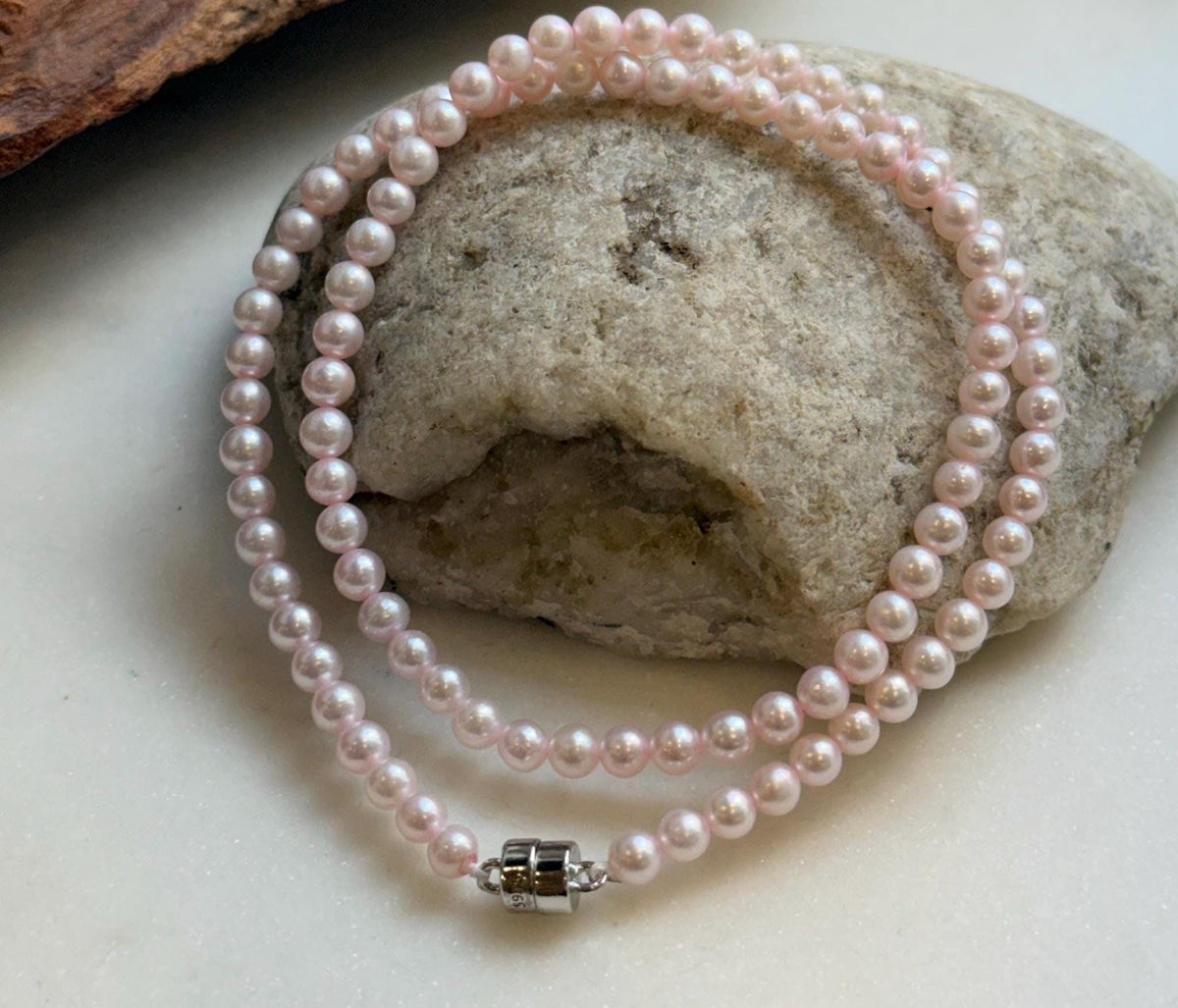 Elly’s Pale Pink Pearls Necklace Strand: Extreme luster mirrored,4.6-5mm, 17.6”, S925 silver necklace.