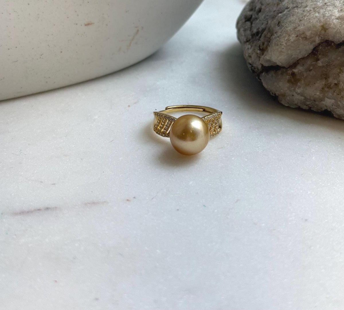 Elly’s 10.7mm South sea deep golden ocean pearl Ring: Extreme luster, S925 silver with gold plated adjustable minimalist Ring. high quality south sea golden pearl Ring for her
