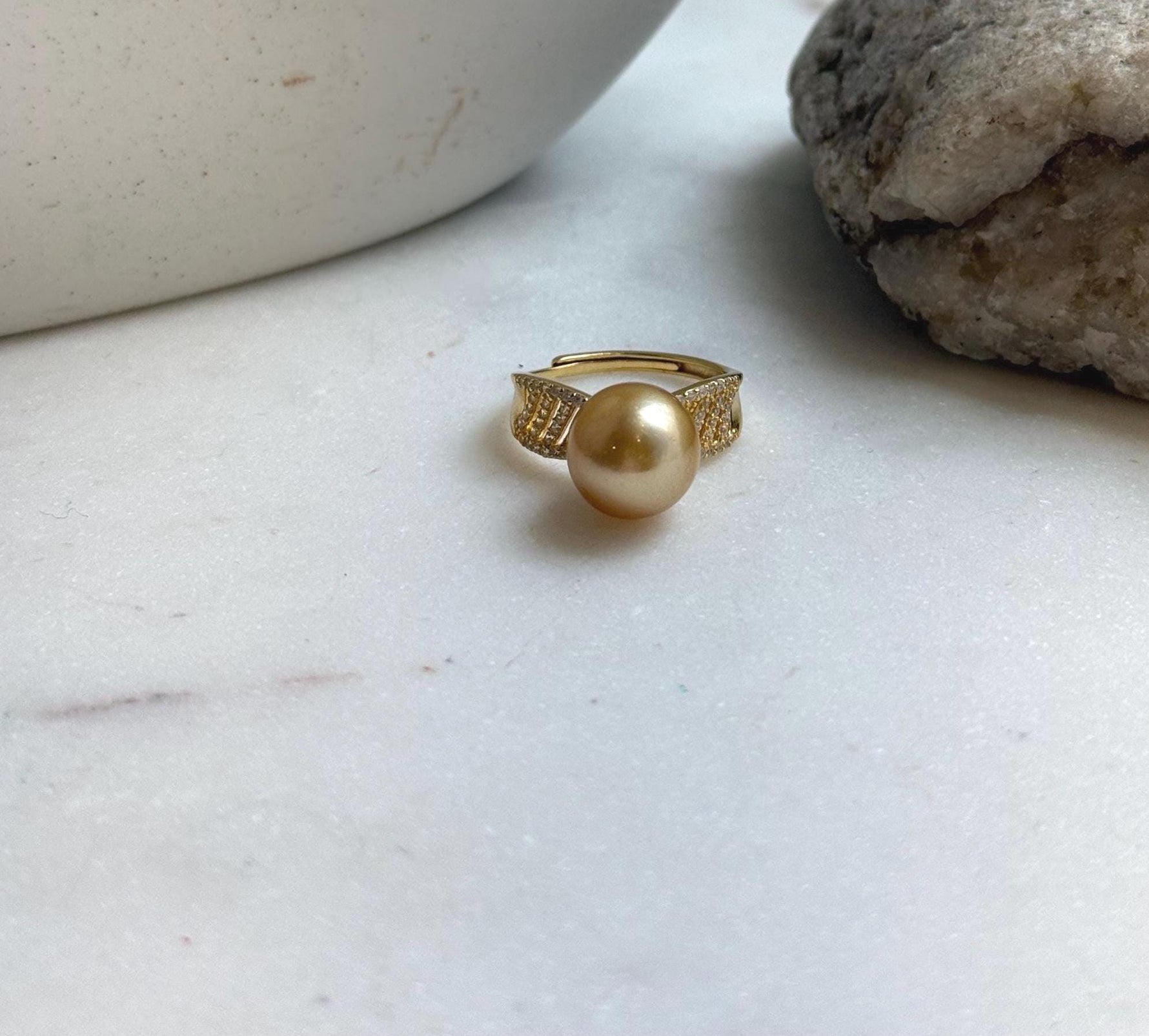 Elly’s 10.7mm South sea deep golden ocean pearl Ring: Extreme luster, S925 silver with gold plated adjustable minimalist Ring. high quality south sea golden pearl Ring for her