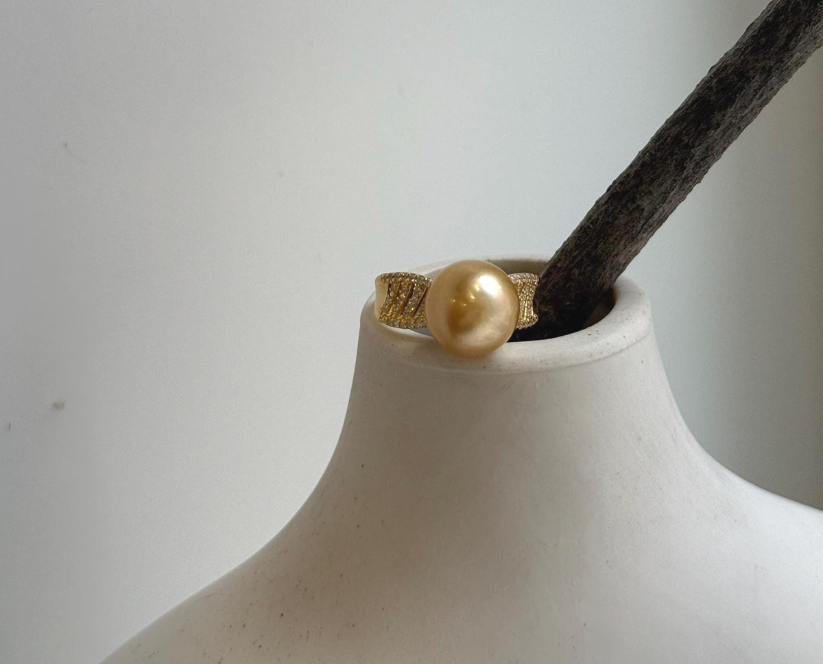 Elly’s 10.7mm South sea deep golden ocean pearl Ring: Extreme luster, S925 silver with gold plated adjustable minimalist Ring. high quality south sea golden pearl Ring for her birthday
