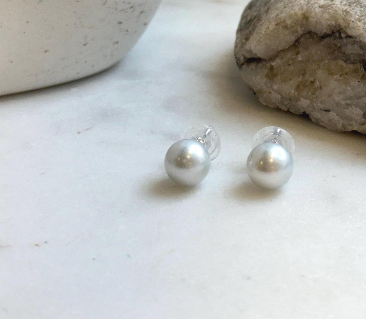 Elly’s 10.1mm White Blue Edison Pearls Earrings Studs: Extreme luster Mirrored, S925 silver minimalist earrings studs.