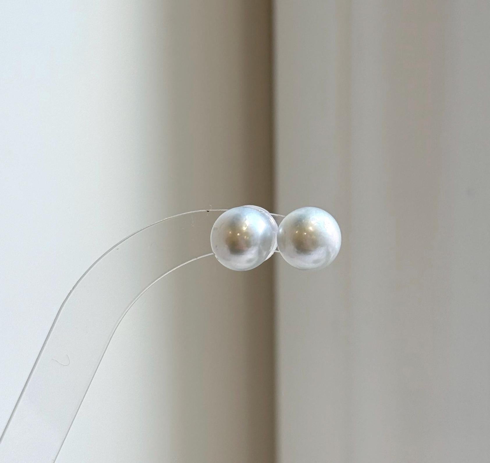 Elly’s 10.1mm White Blue Edison Pearls Earrings Studs: Extreme luster Mirrored, S925 silver minimalist earrings studs.