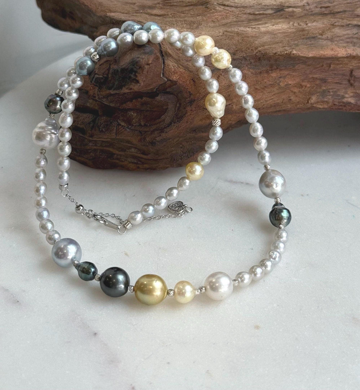 Elly’s Multicolor ocean white Freshwater pearls necklace:Extreme luster mirrored, 19.3”, S925 silver necklace strand.
