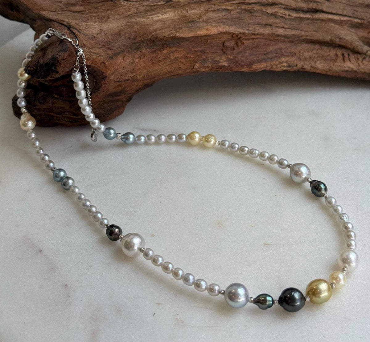 Elly’s Multicolor ocean white Freshwater pearls necklace:Extreme luster mirrored, 19.3”, S925 silver necklace strand.
