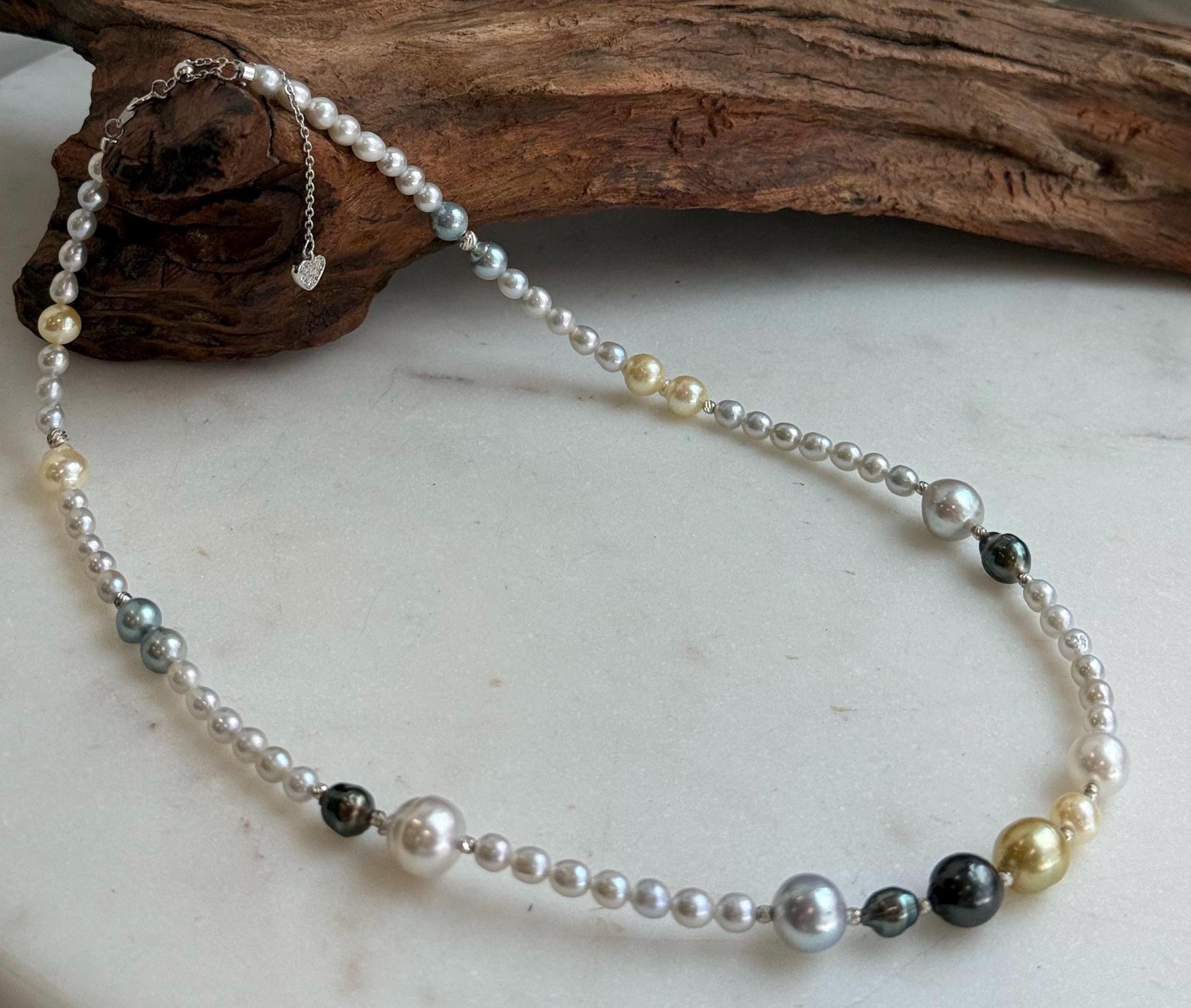 Elly’s Multicolor ocean white Freshwater pearls necklace:Extreme luster mirrored, 19.3”, S925 silver necklace strand.