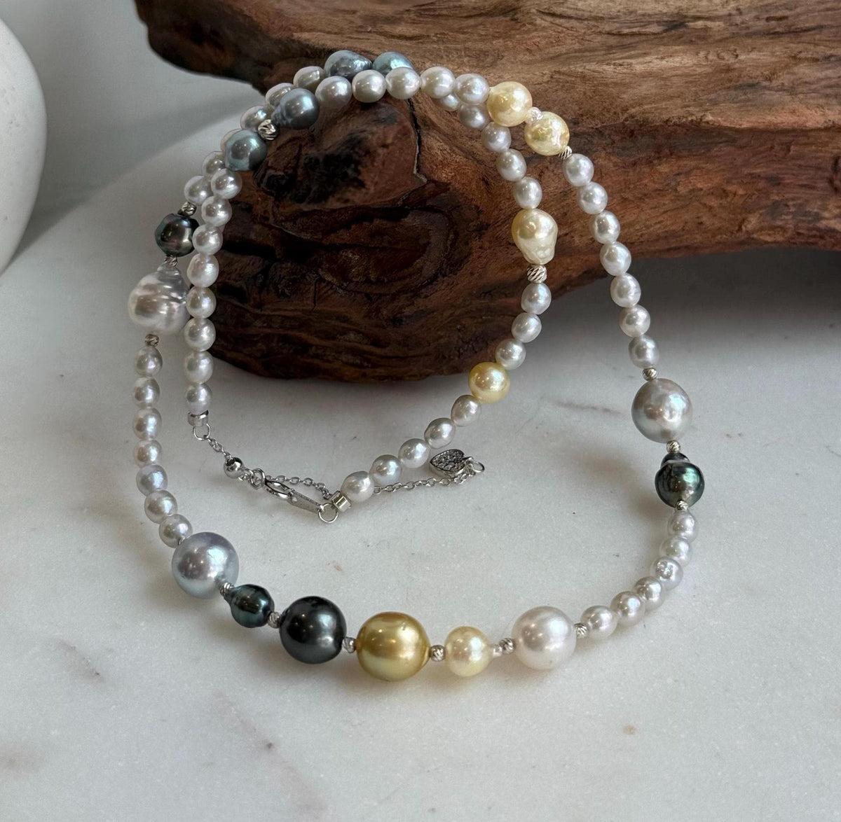 Elly’s Multicolor ocean white Freshwater pearls necklace:Extreme luster mirrored, 19.3”, S925 silver necklace strand.