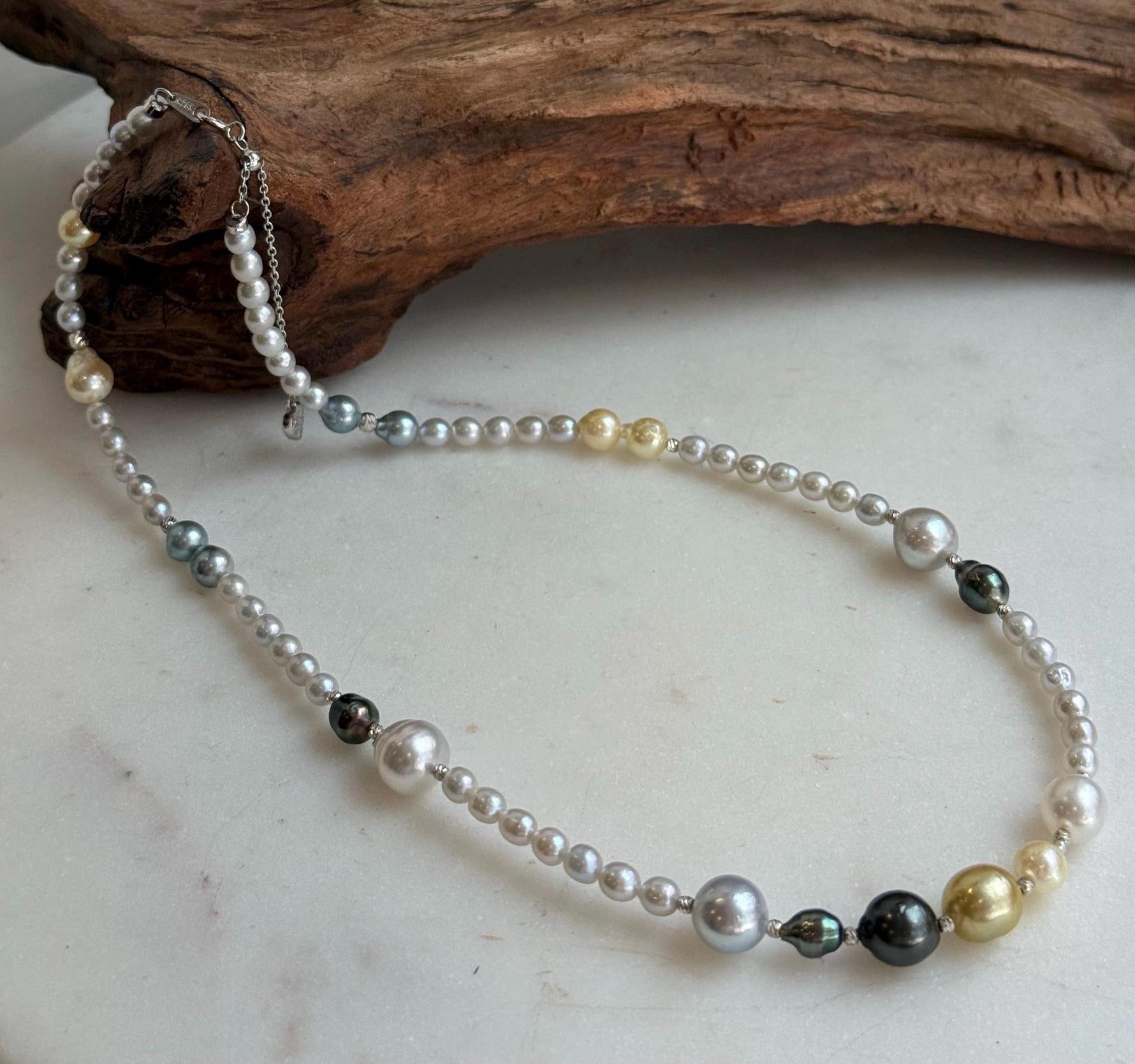 Elly’s Multicolor ocean white Freshwater pearls necklace:Extreme luster mirrored, 19.3”, S925 silver necklace strand.
