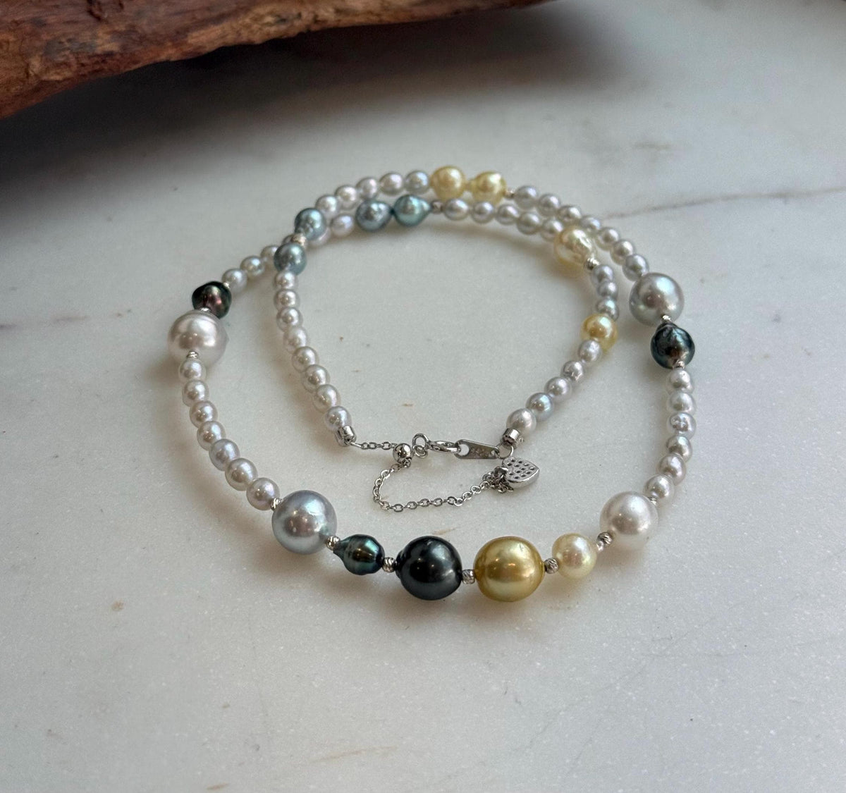 Elly’s Multicolor ocean white Freshwater pearls necklace:Extreme luster mirrored, 19.3”, S925 silver necklace strand.