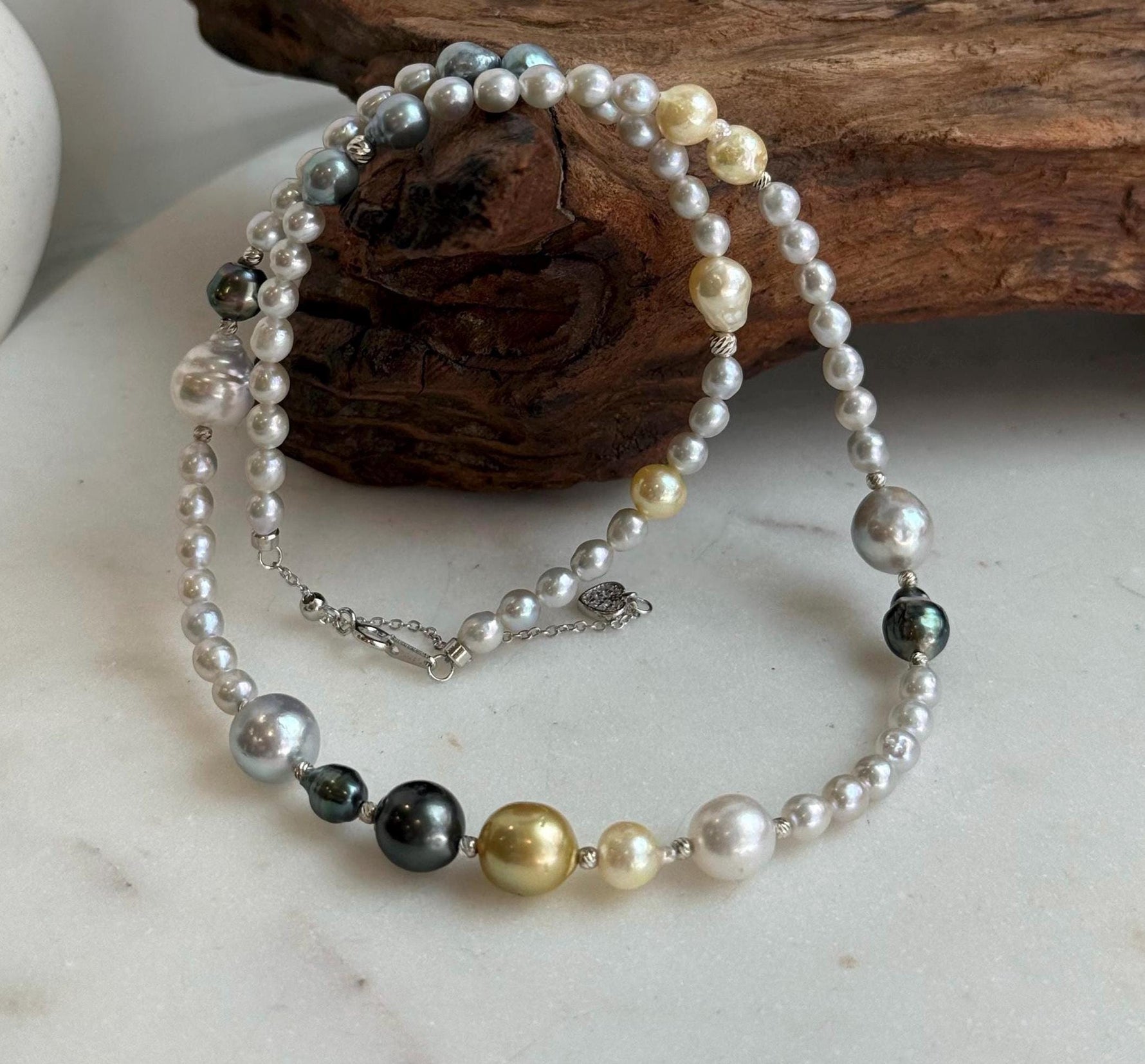 Elly’s Multicolor ocean white Freshwater pearls necklace:Extreme luster mirrored, 19.3”, S925 silver necklace strand.
