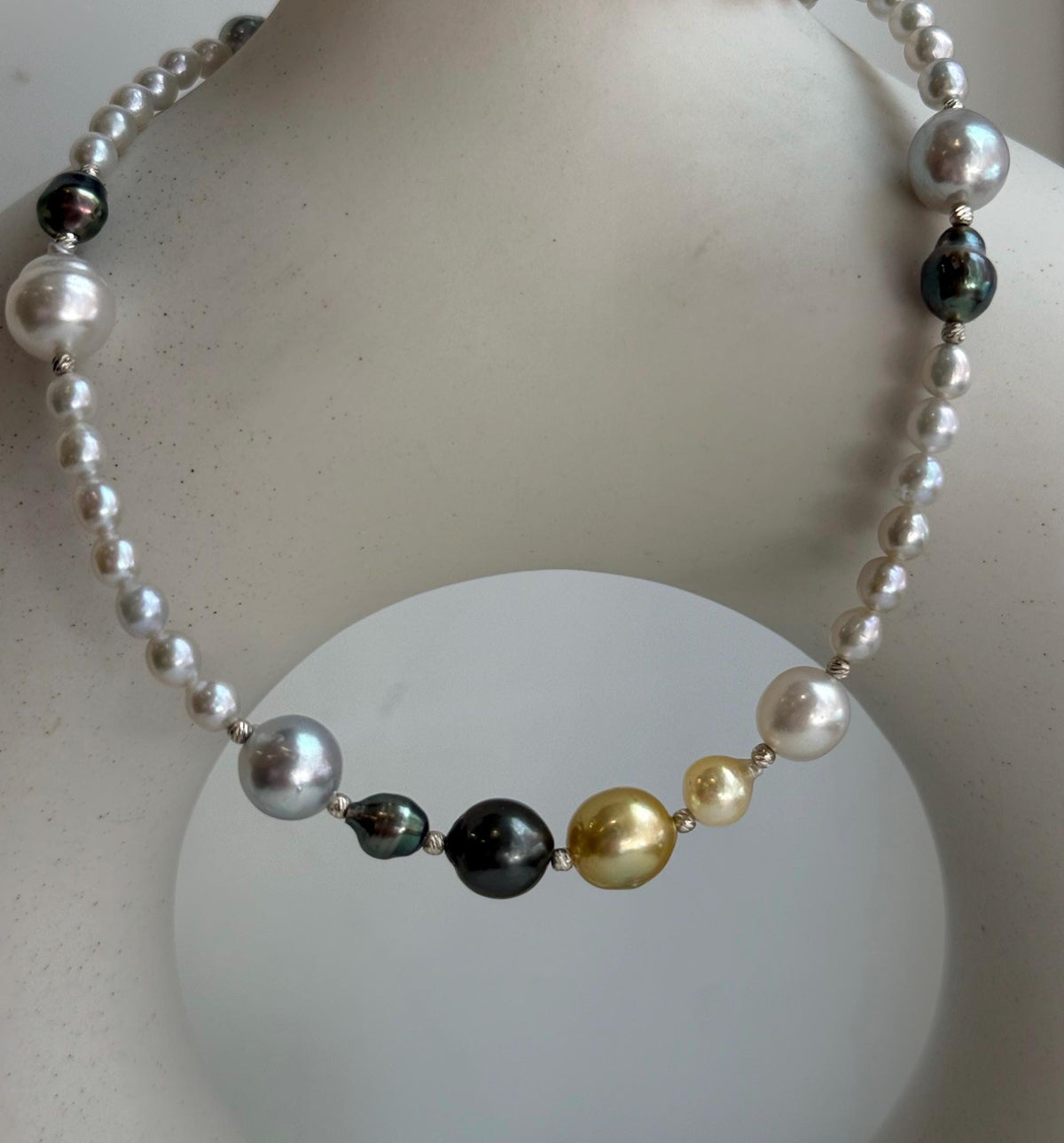 Elly’s Multicolor ocean white Freshwater pearls necklace:Extreme luster mirrored, 19.3”, S925 silver necklace strand.