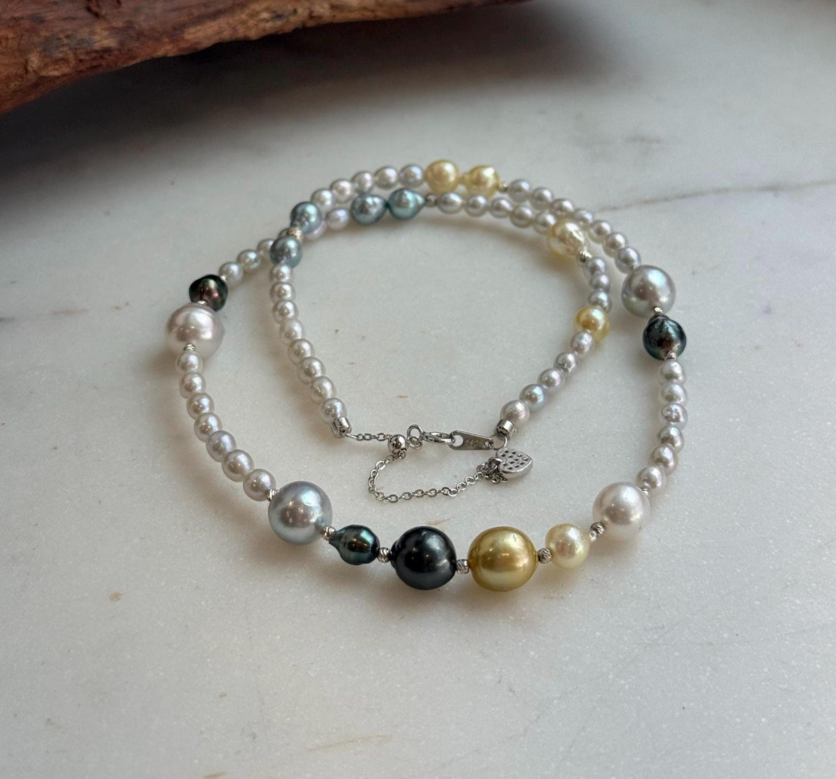 Elly’s Multicolor ocean white Freshwater pearls necklace:Extreme luster mirrored, 19.3”, S925 silver necklace strand.