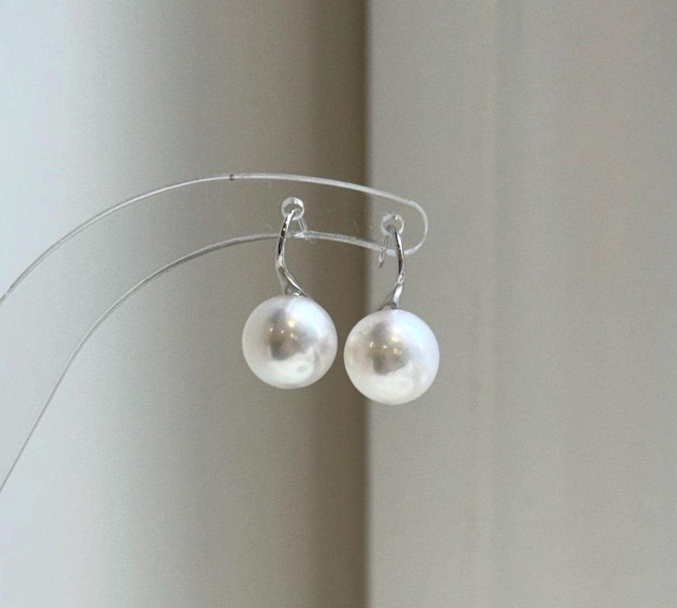 Elly’s 10mm White Edison Pearls High Heel Earrings hooks: Extreme luster Mirrored, S925 silver minimalist earrings studs.