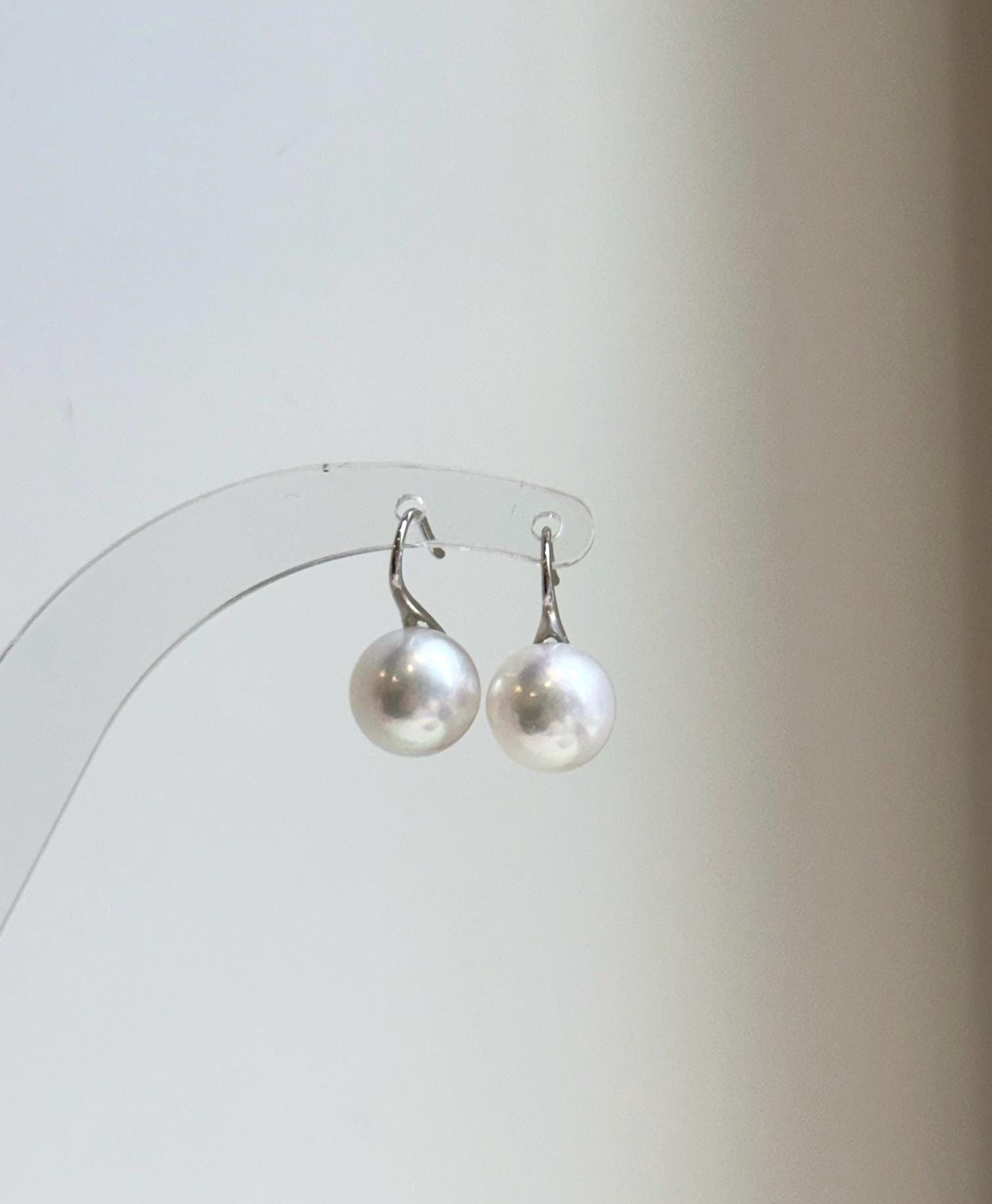 Elly’s 10mm White Edison Pearls High Heel Earrings hooks: Extreme luster Mirrored, S925 silver minimalist earrings studs.