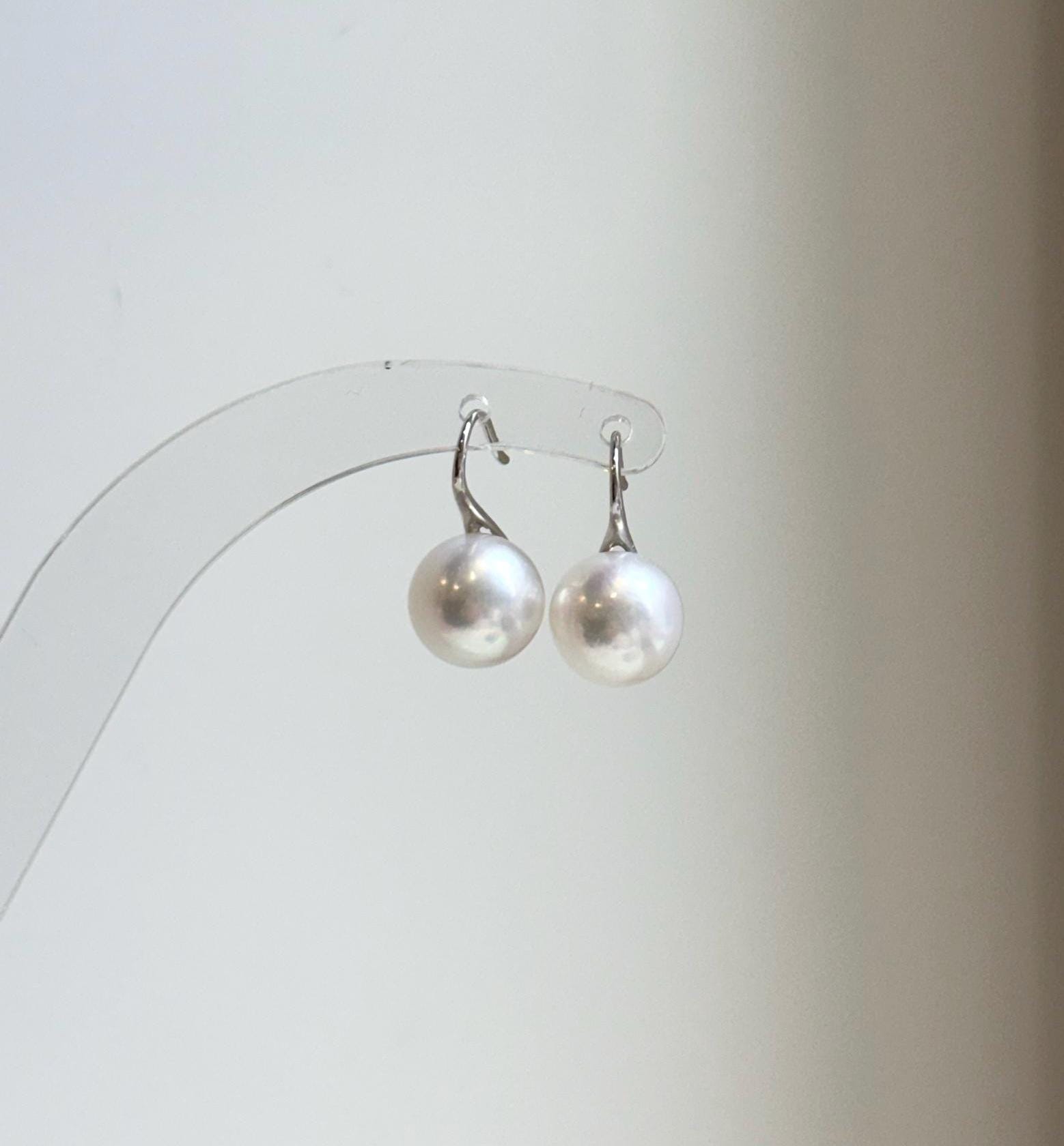 Elly’s 10mm White Edison Pearls High Heel Earrings hooks: Extreme luster Mirrored, S925 silver minimalist earrings studs.