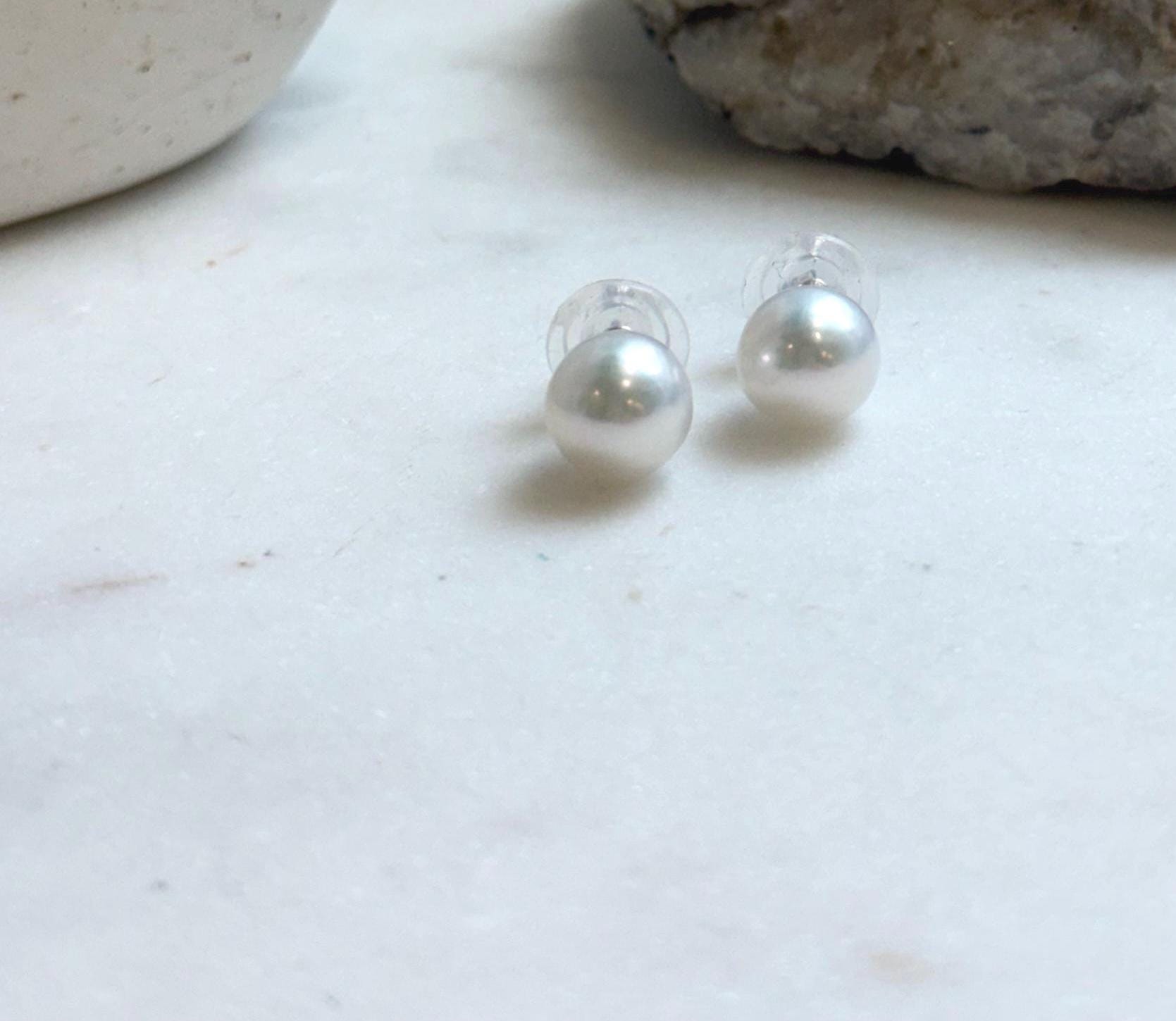 Elly’s 9.7mm White Edison Pearls Earrings Studs: Extreme luster Mirrored, S925 silver minimalist earrings studs.