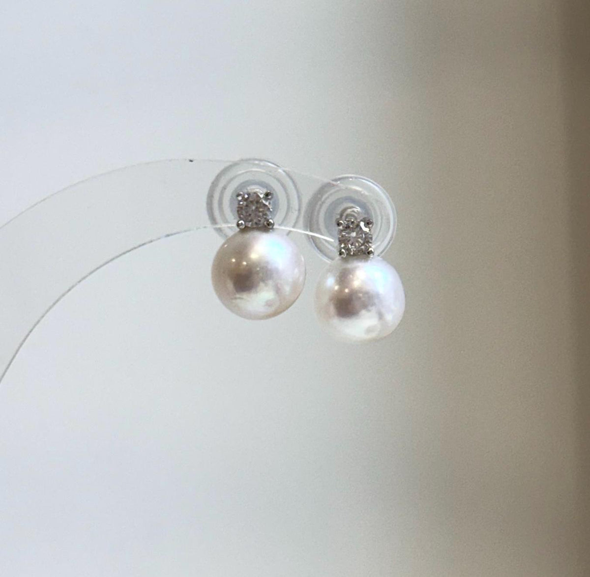 Elly’s 9.5mm White Edison Pearls Earrings Studs: Extreme luster Mirrored, S925 silver minimalist earrings studs.