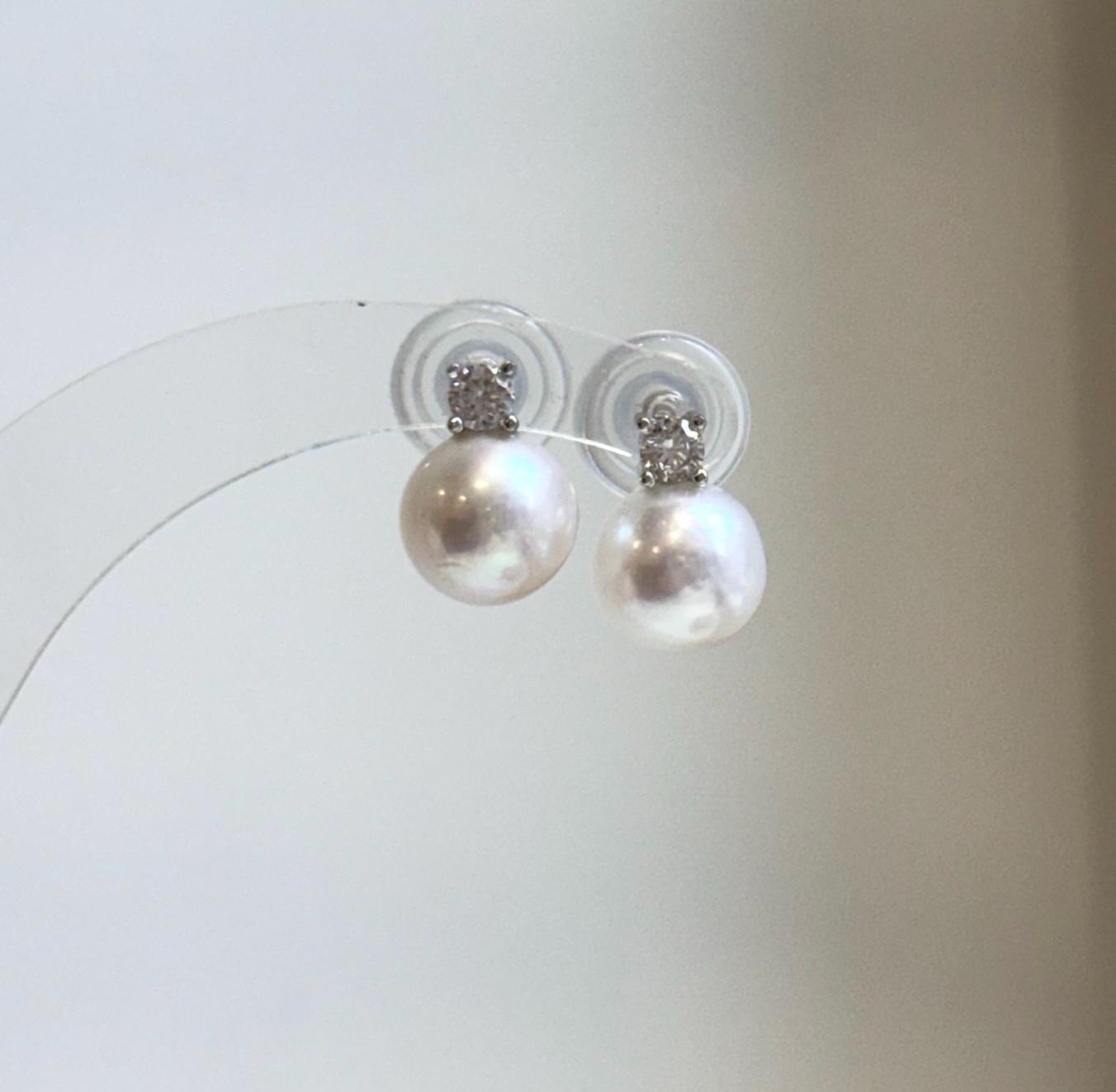 Elly’s 9.5mm White Edison Pearls Earrings Studs: Extreme luster Mirrored, S925 silver minimalist earrings studs.