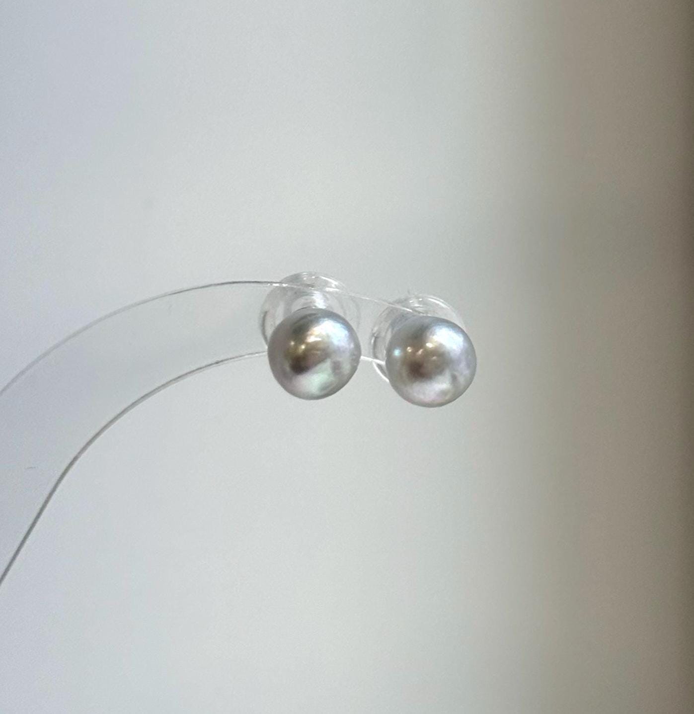 Elly’s 8.5mm Akoya blue silver ocean Pearls Earrings Studs: Extreme luster Mirrored, S925 silver minimalist earring.