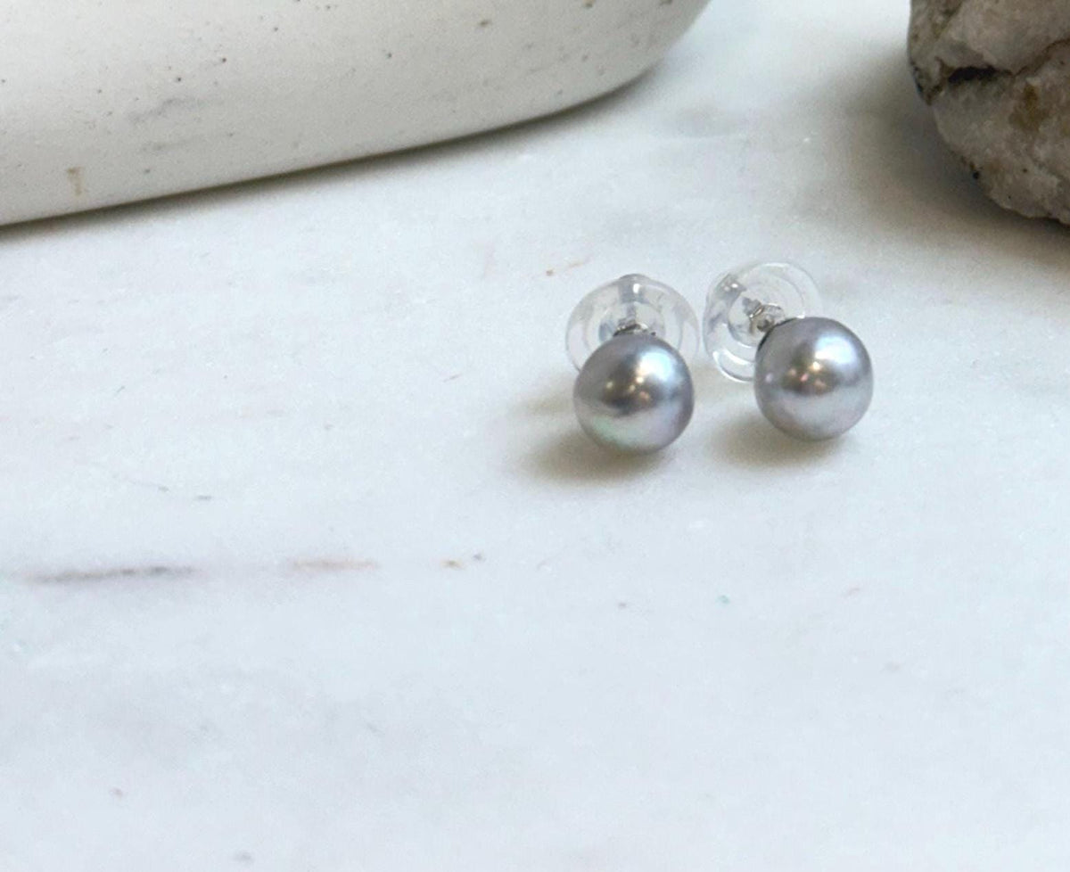 Elly’s 8.5mm Akoya blue silver ocean Pearls Earrings Studs: Extreme luster Mirrored, S925 silver minimalist earring.