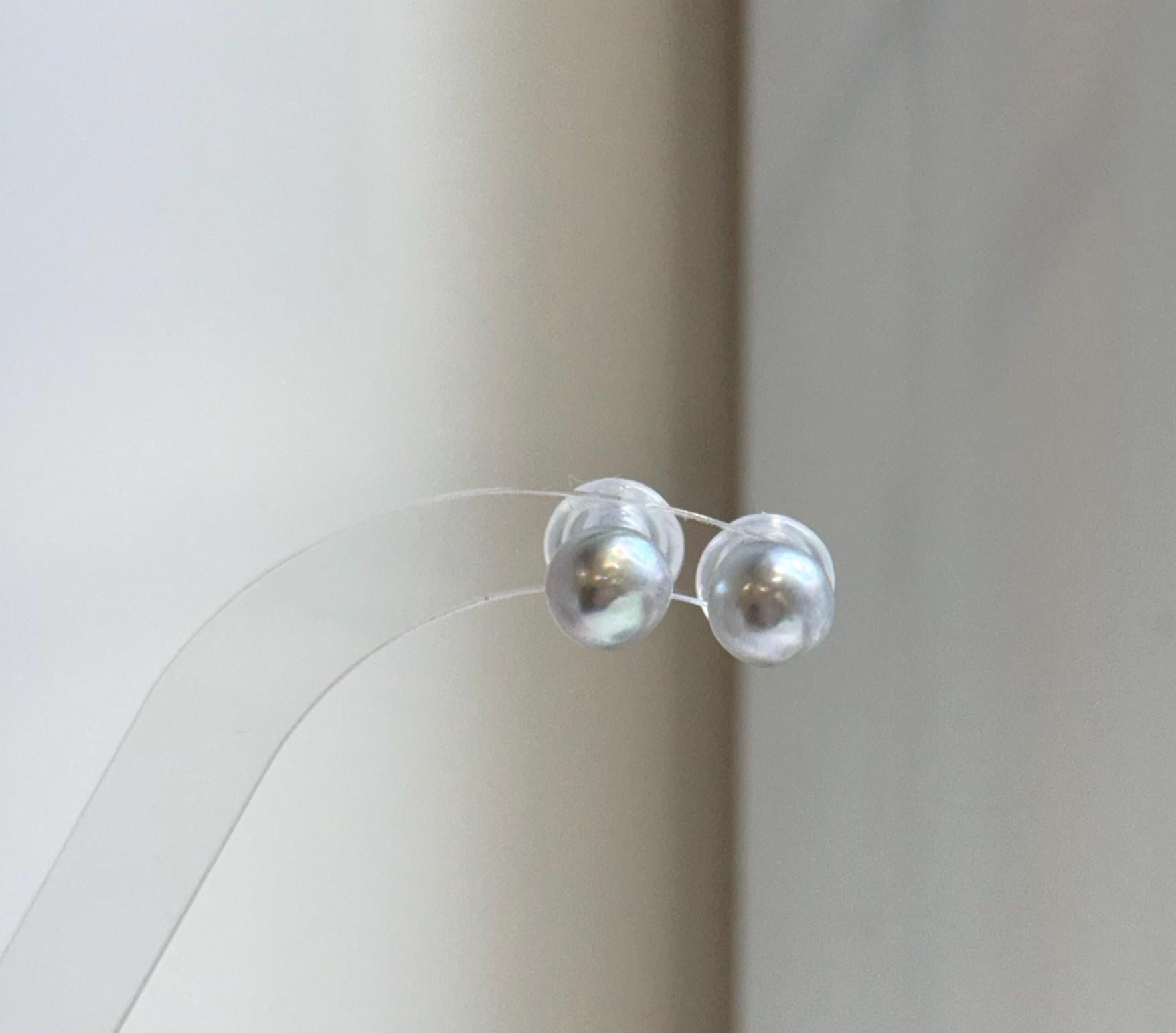 Elly’s 8.5mm Akoya blue silver ocean Pearls Earrings Studs: Extreme luster Mirrored, S925 silver minimalist earring.