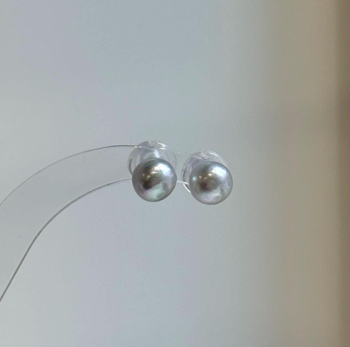 Elly’s 8.5mm Akoya blue silver ocean Pearls Earrings Studs: Extreme luster Mirrored, S925 silver minimalist earring.