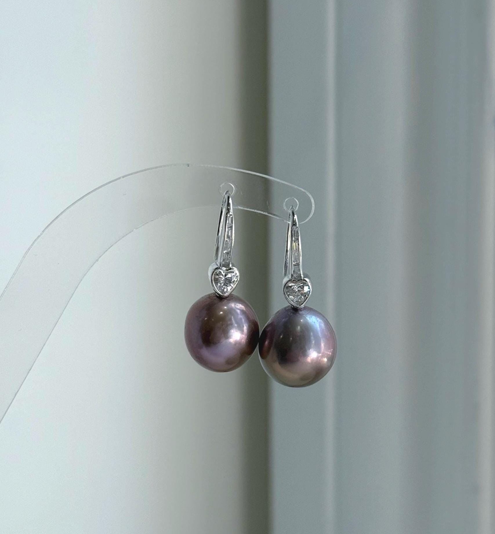 Elly’s 12.5mm Edison Rose lavender Pearls Earrings Hooks: Extreme luster Mirrored, 2.8cm high, S925 silver cool earrings.