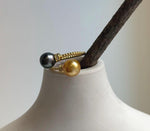 Elly’s Double South sea golden Tahitian ocean pearls Ring: Extreme luster mirrored, 8.6-9.5mm , S925 silver adjustable minimalist Ring. high quality double ocean pearls sterling silver adjustable ring for her