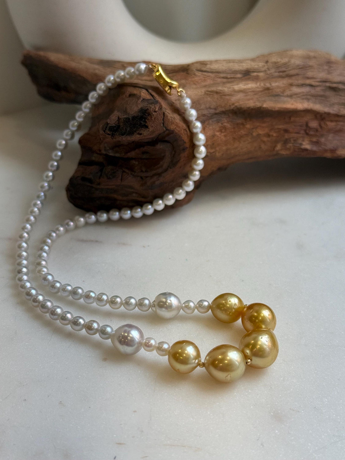 Elly’s 7pcs 9-11.8mm Genius South sea Golden Australian Ocean Freshwater Pearls Necklace: Extreme luster, 18.3”, S925 silver necklace