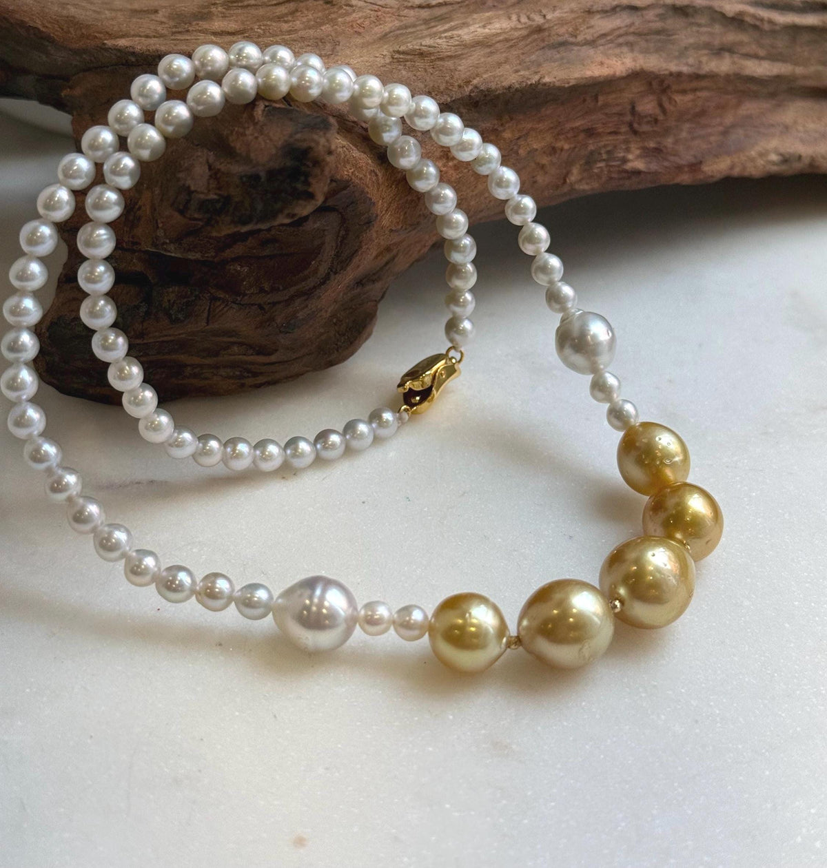 Elly’s 7pcs 9-11.8mm Genius South sea Golden Australian Ocean Freshwater Pearls Necklace: Extreme luster, 18.3”, S925 silver necklace