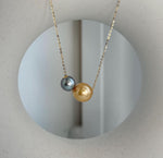 Elly’s Double Au750 18k Gold Tahitian South sea deep gold ocean Pearls Floating pendants:Extreme luster, 8.4-10.8mm.