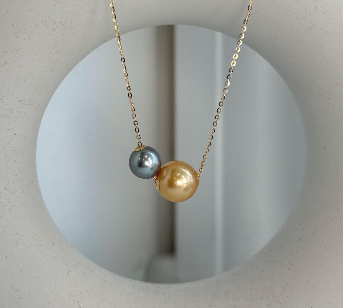 Elly’s Double Au750 18k Gold Tahitian South sea deep gold ocean Pearls Floating pendants:Extreme luster, 8.4-10.8mm.