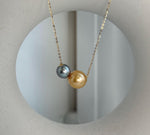 Elly’s Double Au750 18k Gold Tahitian South sea deep gold ocean Pearls Floating pendants:Extreme luster, 8.4-10.8mm.