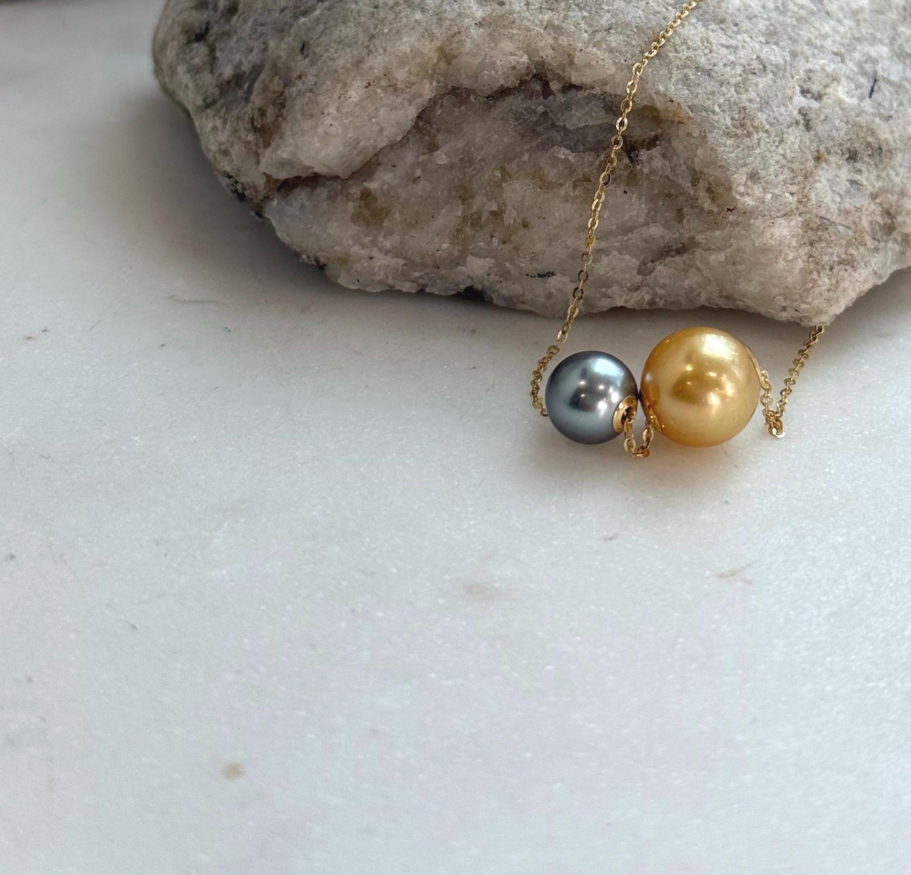 Elly’s Double Au750 18k Gold Tahitian South sea deep gold ocean Pearls Floating pendants:Extreme luster, 8.4-10.8mm.
